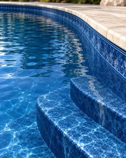 Inground swimming pool with a deep blue vinyl liner